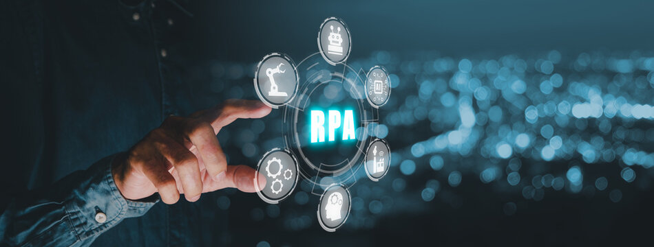 RPA Robotic Process Automation Innovation technology concept, Person hand holding VR screen RPA icon with blue bokeh background.
