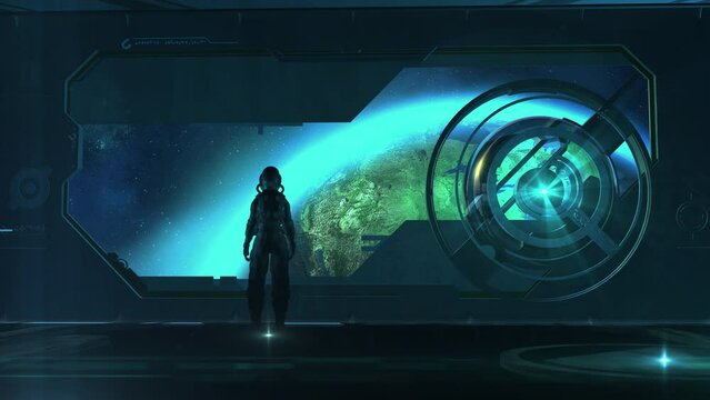 Astronaut in a spacesuit aboard a spaceship, 3D render