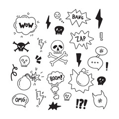 Hand drawn speech bubble set with wow, boom,bang, zap. Scull, explosion and bombs. Doodle vector illustration.