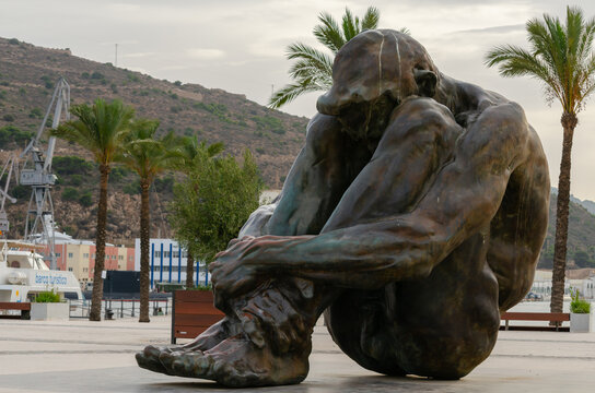 CARTAGENA, SPAIN - 12 SEPTEMBER 2022 Colossal sculpture El Zulo by Victor Ochoa, in the port of Cartagena, Spain, in tribute to the victims of terrorism