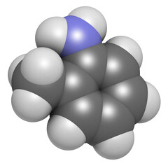 Toluidine (ortho-toluidine, 2-methylaniline) molecule. Suspected to be carcinogenic.