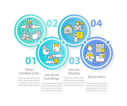 Immigration tips circle infographic template. Prepare to relocate abroad. Data visualization with 5 steps. Editable timeline info chart. Workflow layout with line icons. Myriad Pro-Regular font used