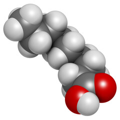 Nonanoic acid (pelargonic acid) molecule. Ammonium salt used as broad-spectrum herbicide.