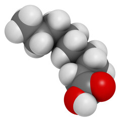 Nonanoic acid (pelargonic acid) molecule. Ammonium salt used as broad-spectrum herbicide.