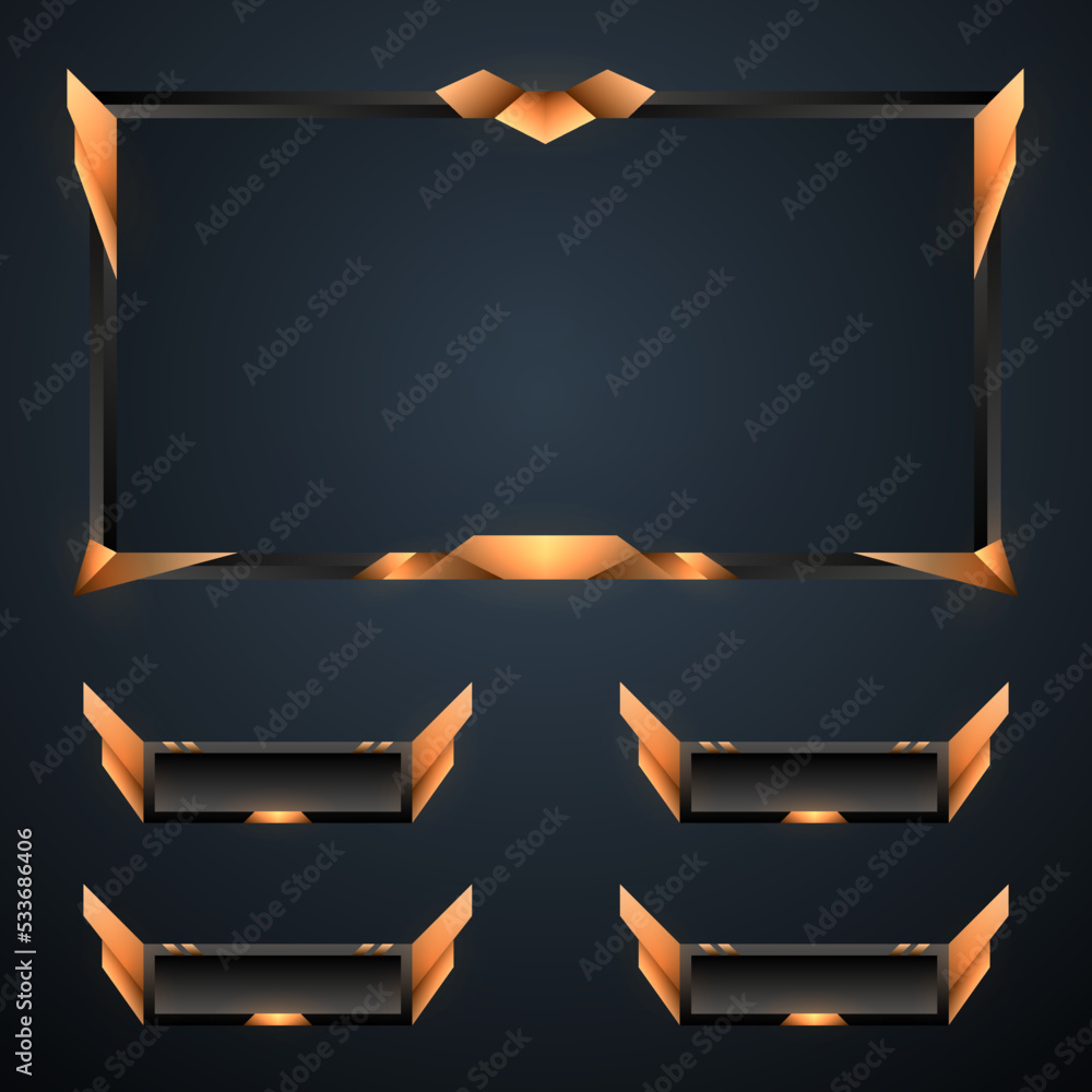 Poster gaming interface golden streaming overlay border frame and alert buttons for live video broadcast