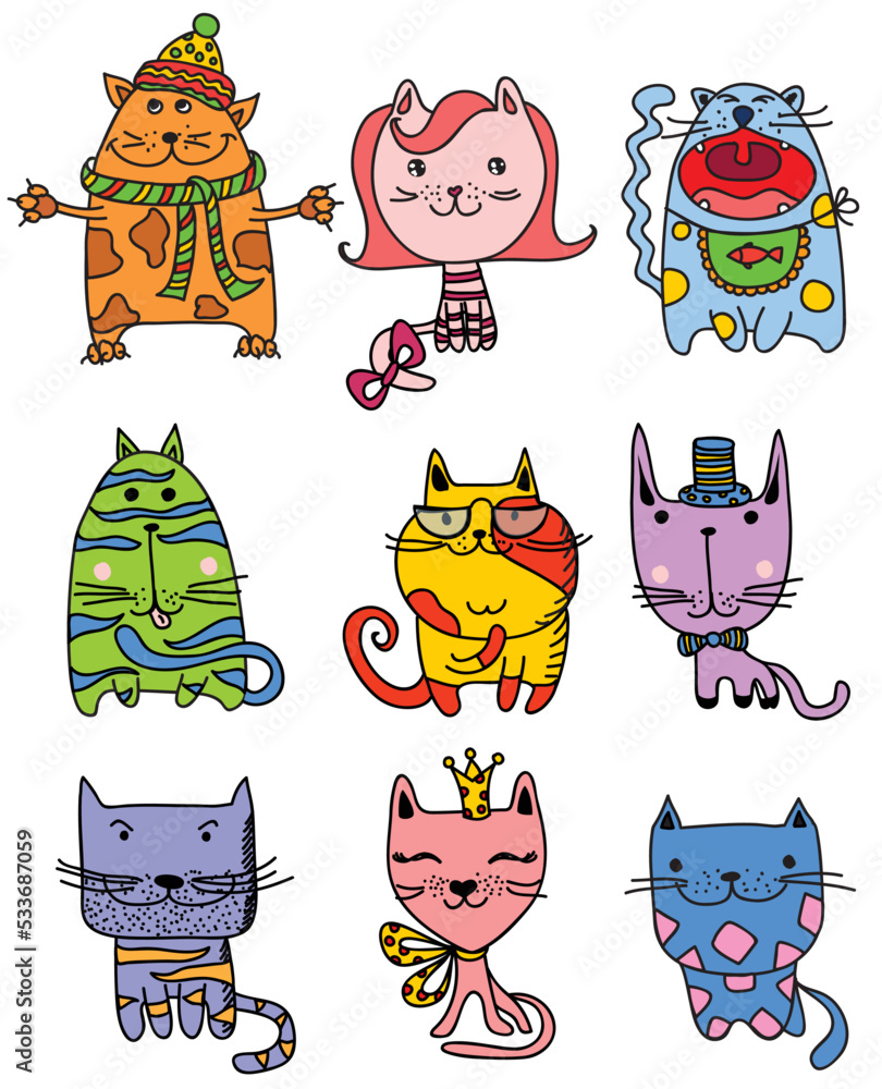 Poster funny cats doodles. set of 9 hand drawn characters in different poses. design elements for print sti
