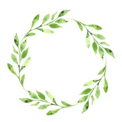 Botanical wreath of green branches and leaves. Watercolor Floral Design element for wedding invitations, greeting cards