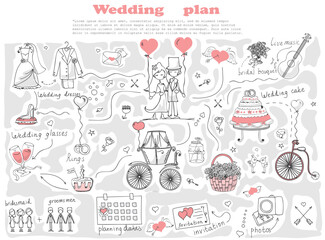 Doodle wedding set for invitation cards, including template design decorative elements