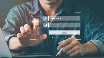 Cyber security, login, data protection concept Fingerprint scanning and biometric authentication, and processing for accessing personal data, surveillance and security scanning cyber futuristic