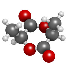 L-lactide PLA precursor molecule. Used in synthesis of polymeric polylactic acid (polylactide, polylactate) plastic.
