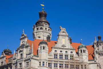 Fototapeta na wymiar Tower and decorated facade of the new town hall in Leipzig, Germany