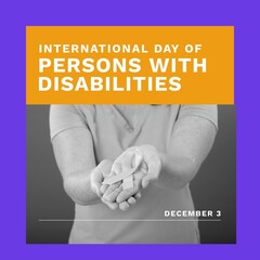 Composition of international day of persons with disabilities text over woman holding ribbon