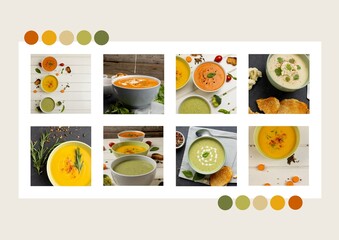 Composition of bowls with soup over blue background