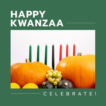 Composition of kwanzaa celebration text and kwanzaa candles and pumpkins