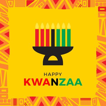 Composition of kwanzaa celebration text and kwanzaa candles on yellow background with pattern