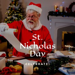 Composition of st nicholas day text over santa claus holding scroll