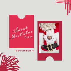 Composition of saint nicholas day text and santa claus at christmas holding jar with coins