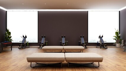 blank wall in modern gym interior with wooden floor	