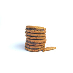 a stack of Sandwich biscuits, filled with chocolate, isolated on white background 