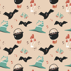 Seamless pattern with design elements on the theme of Halloween. Witch potion ingredients. Illustration for printing on packaging and textiles. Mystical animals and plants.