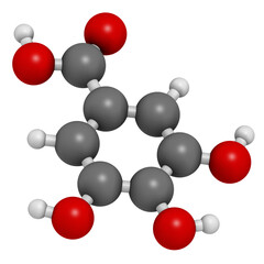 Gallic acid (trihydroxybenzoic acid) molecule. Present in many plants, including oak, tea and sumac. Both in the free form and is part of tannin compounds.