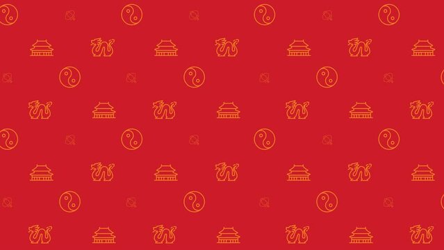 Animated chinese seamless pattern. Lunar New Year. Asian culture. Ancient traditions. Dragon dance. Looped icons on red background. HD video animation with repeated elements for web and mobile