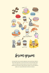 Graphic trendy hand drawn illustration design card with coffee elements. Coffee and sweets. Products of cafe with text. Can be used for flyers, brochure, cover, poster, booklet, leaflet.