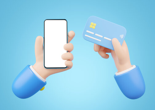 3D Hand holding credit card, smartphone. Online store credit, debit card accept. Mobile phone blank white screen. Withdraw money, Easy shop, Cashless society concept. 3d cartoon render clipping path.