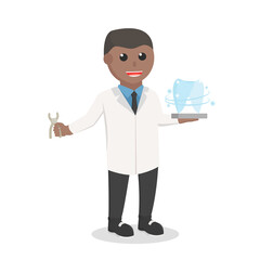 dentist african with shiny tooth design character on white background