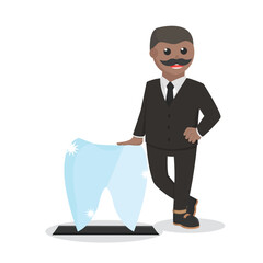 dentist african standing beside big tooth design character on white background