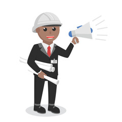 engineer african talking with megaphone design character on white background