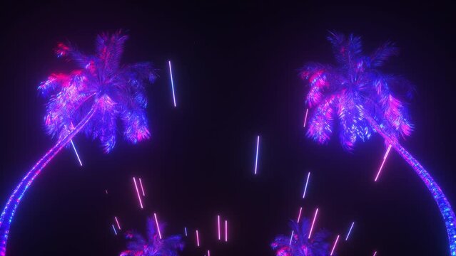 A stylish neon glowing strings and palms movement cyberpunk background on a seamless loop.

