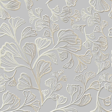 3d embossed lines floral seamless pattern. Textured beautiful flowers relief background. Repeat emboss white backdrop. Surface doodle lines gold leaves, flowers. 3d line art golden flowers ornament