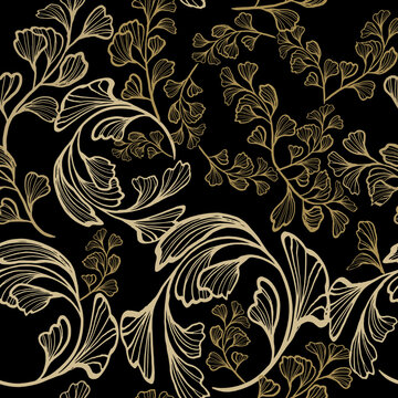 Binweed. Luxury gold floral seamless pattern. Beautiful flowers. Patterned leafy background. Repeat ornamental vector backdrop. Lines ornate binweeds leaves, branches. Vintage gold flowers ornaments