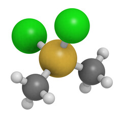 Dimethyldichlorosilane molecule, the precursor of polydimethylsiloxane (PDMS, silicone).
