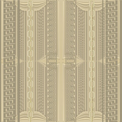 Borders. Greek seamless border pattern. Ornamental vertical border background. Repeat modern golden ornaments with chains, greek key, meanders, stripes, lines, abstract shapes. Ornate endless texture