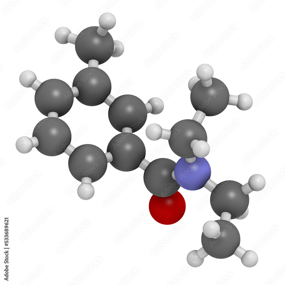 Sticker DEET insect repellent molecule. Used to protect against mosquitoes, chiggers, fleas, ticks, etc. Abbreviation for N,N-diethyl-meta-toluamide 3D rendering.