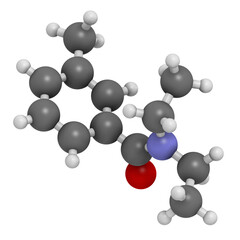 DEET insect repellent molecule. Used to protect against mosquitoes, chiggers, fleas, ticks, etc. Abbreviation for N,N-diethyl-meta-toluamide 3D rendering.