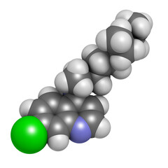 Chloroquine malaria drug molecule. Used to treat and prevent malaria. Also used for antiviral and immunosuppressant properties.