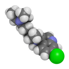 Chloroquine malaria drug molecule. Used to treat and prevent malaria. Also used for antiviral and immunosuppressant properties.