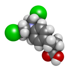 Chlorambucil leukemia drug molecule. Nitrogen mustard alkylating agent mainly used to treat chronic lymphocytic leukemia (CML).