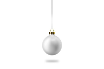 Empty blank Christmas ball with ribbon mockup isolated on white background. 3d rendering.