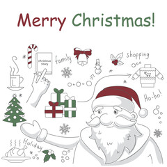 Christmas picture in doodle style, New Year's illustrations for greeting card design, for design of a poster, banner, print.