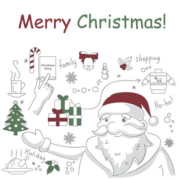 Christmas picture in doodle style, New Year's illustrations for greeting card design, for design of a poster, banner, print.