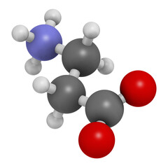 Beta-alanine molecule. Naturally occurring beta amino acid. Precursor of carnosine. Athletes often use beta-alanine supplements.