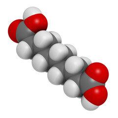 Azelaic acid (nonanedioic acid) molecule. Used in treatment of acne and rosacea. 3D rendering.