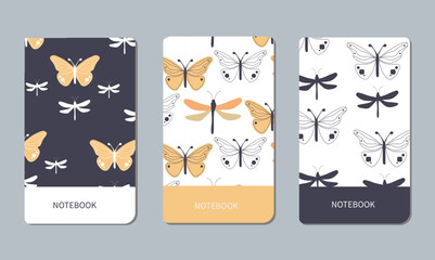 A set of title pages, covers for notebooks. Abstract drawing of butterfly and dragonfly