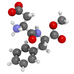 Aspartame artificial sweetener molecule. Used as sugar substitute. 3D rendering.