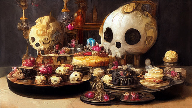 Halloween fun spooky   still life skuls  cakes and sweets , warm   colours, digital illustration art