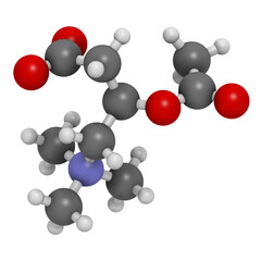 Acetylcarnitine (ALCAR) nutritional supplement molecule. 3D rendering.